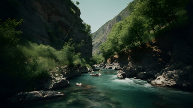 A beautiful shot of a crystal-clear river flowing through a rocky canyon, with greenery and trees lining the banks.