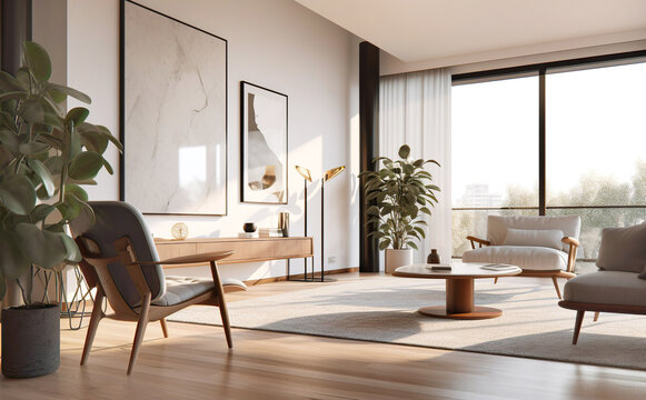 Fototapeta Interior design of modern scandinavian living room. Created with generative AI