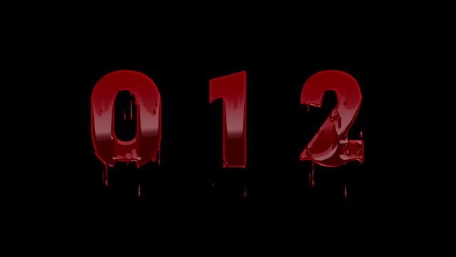 Blood Numbers 0, 1, 2 Animation Text, Alpha Channel