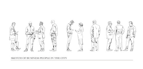 Group of business people standing and in the city, businessman searching with telephone. Collection of silhouettes for your project. Sketch, side and back view