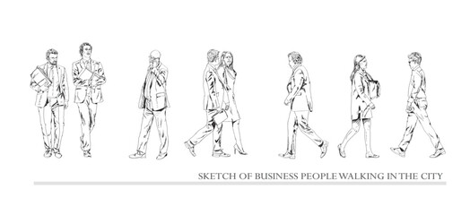 Group of business people walking in the city. Collection of silhouettes for your project. Sketch, side view