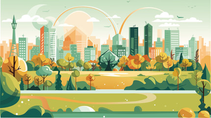 Beautiful modern eco friendly green city panoramic view with skyscrapers and parks. Idilic place to live, city of the future concept illustration