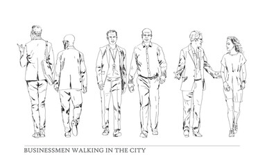Group of business people walking in the city. Collection of silhouettes for your project. Sketch, front view