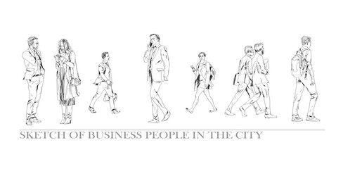 Group of business people walking in the city. Collection of silhouettes for your project. Sketch, side view