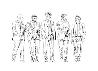 Fototapeta na wymiar Group of business people walking in the city. Collection of silhouettes for your project. Sketch, front view