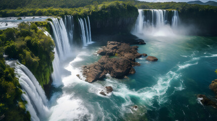 Fototapeta premium A stunning view of a massive waterfall, cascading down a rocky cliff into a deep blue pool. The perfect choice for environmental and travel-related campaigns.