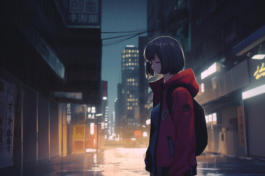 Sad anime girl walking alone on city street. AI generated image.	