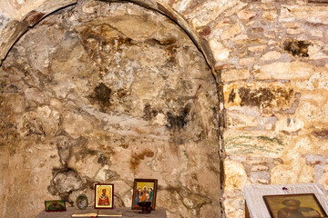 Inside the monastery enclosed by Davelis cave in Penteli, a mountain to the north of Athens, Greece.