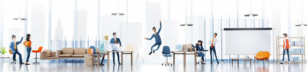 Happy businessman jumping up in office as symbol of success and achievement.  3D rendering illustration