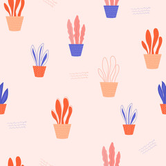 Fototapeta premium Houseplants seamless pattern. Vector illustration. Simple flat modern illustration. Botanical print for textile and fashion design.