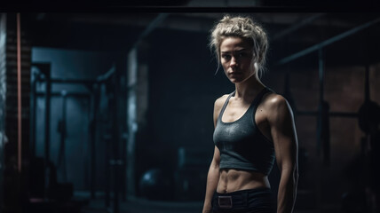 Obraz na płótnie Canvas portrait of Powerful attractive muscular woman fitness trainer at the crossfit gym. Generative AI