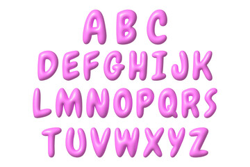 Set of pink 3D letters icons. Cute metallic cartoon font with shiny bright highlights. 3d realistic vector design element.