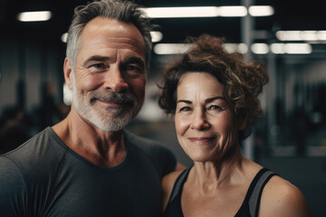 Fototapeta premium Portrait of a confidenty middle-aged couple in a large white crossfit gym. Generative ai