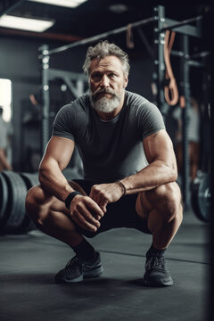 Image of a confidenty mid-aged man doing exercise  in a large white crossfit gym. Generative ai