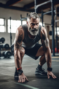 Image of a confidenty mid-aged man doing exercise  in a large white crossfit gym. Generative ai