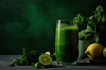 Image of a green detox juice composition with lemon, lima, spinachs in flat green background. Generative AI