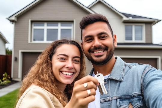 Portrait of happy confident hetero couple showing the keys of his new house in front of their new house. Generative AI