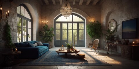 Mediterranean interior design room with beautiful lightning generative ai