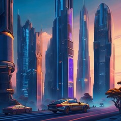 future city at sunset with skyscrapers 