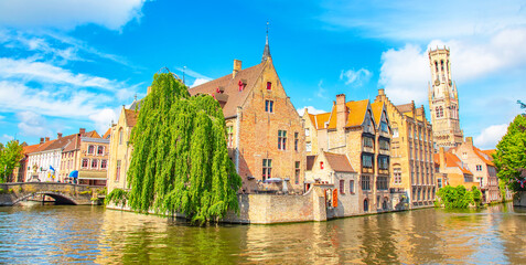 Bruges old town and water canal, iconic view of Brugge city, Belgium