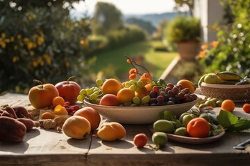 still life composition of healthy food on a terrace table on a sunny day, garden in the background, fruit, vegetables, nuts. Generative AI