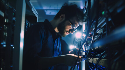 Fototapeta na wymiar Male worker, tech engineer performing maintenance work in a server room, reparing something or upgrading the system, AI generative illustration