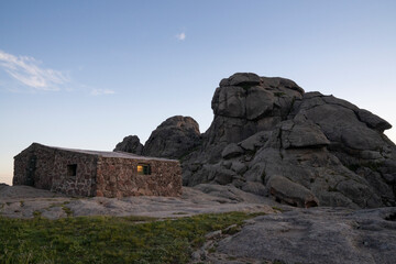 Refuge Nores in the top of The Giants rock massif in Cordoba, Argentina. View of the rocky hill,...