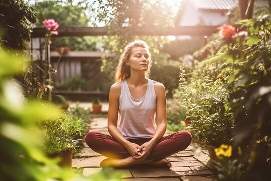 confident middle-aged woman practicing yoga in her garden on a summer afternoon. Generative ai
