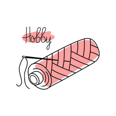 Reel of thread, button and needle, pattern is linear. Doodle, inscription, text,  calligraphy.  Logo , icon of sewing, needlework. Text, calligraphy.Hobby icon, emblem.    Vector outline illustration.