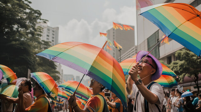 LGBT Pride Parade participants holding rainbow flags and umbrellas at Taipei pride event, AI generative LGBTQ festival illustration