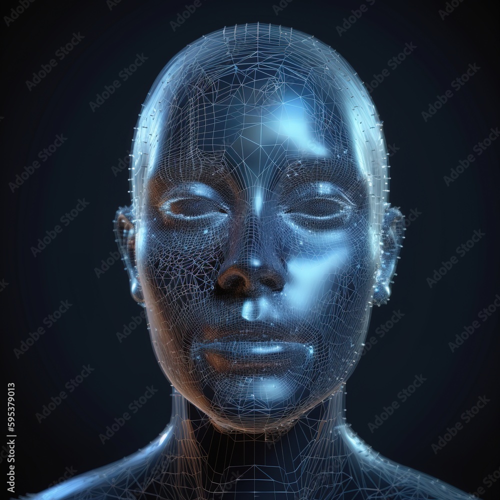 Poster abstract digital human face. artificial intelligence concept of big data or cyber security. generati