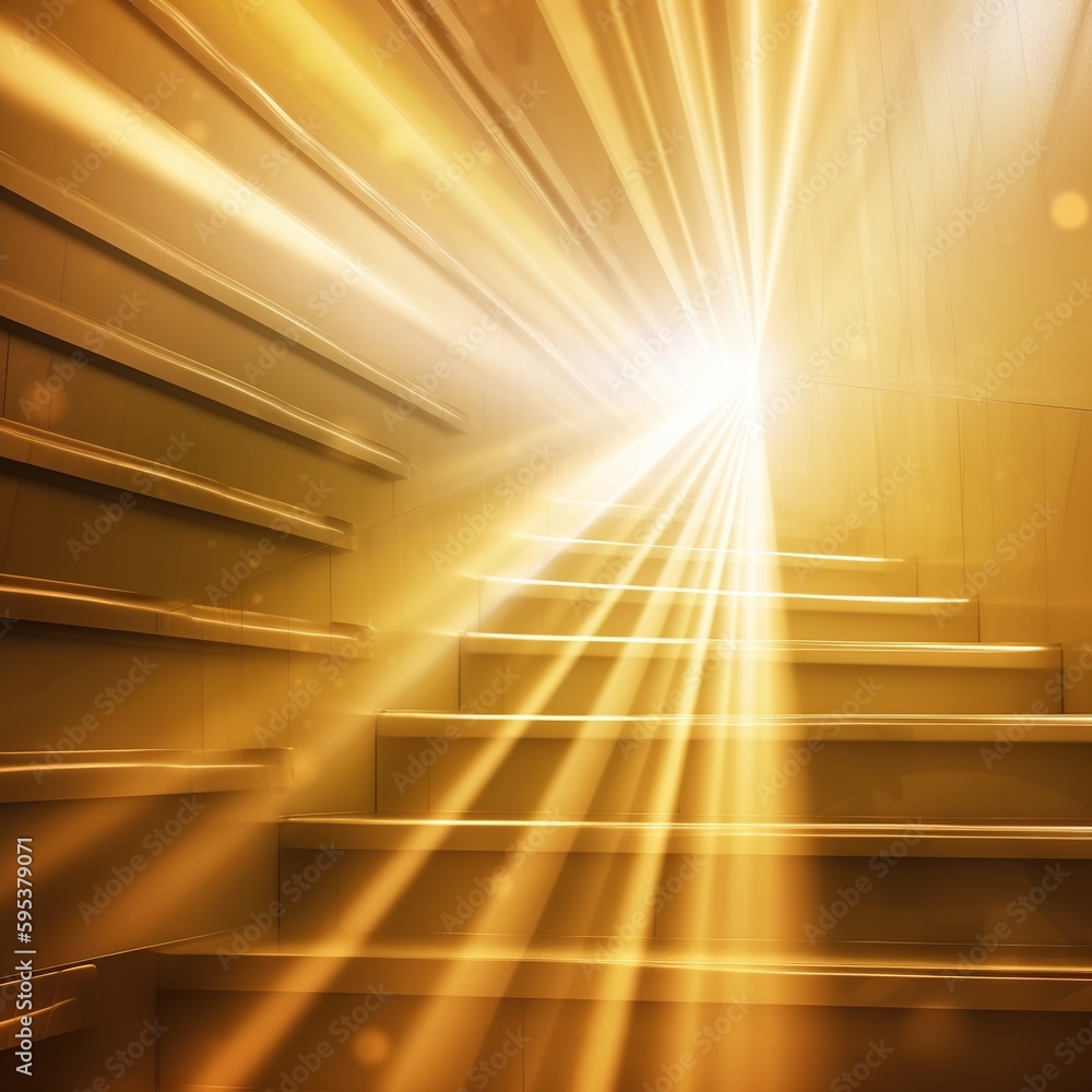 Poster scene with abstract golden light rays and stairs . generative ai
