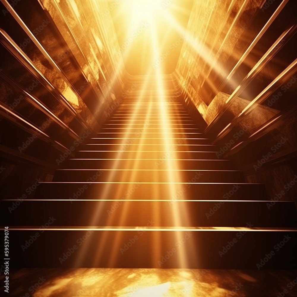 Poster scene with abstract golden light rays and stairs . generative ai