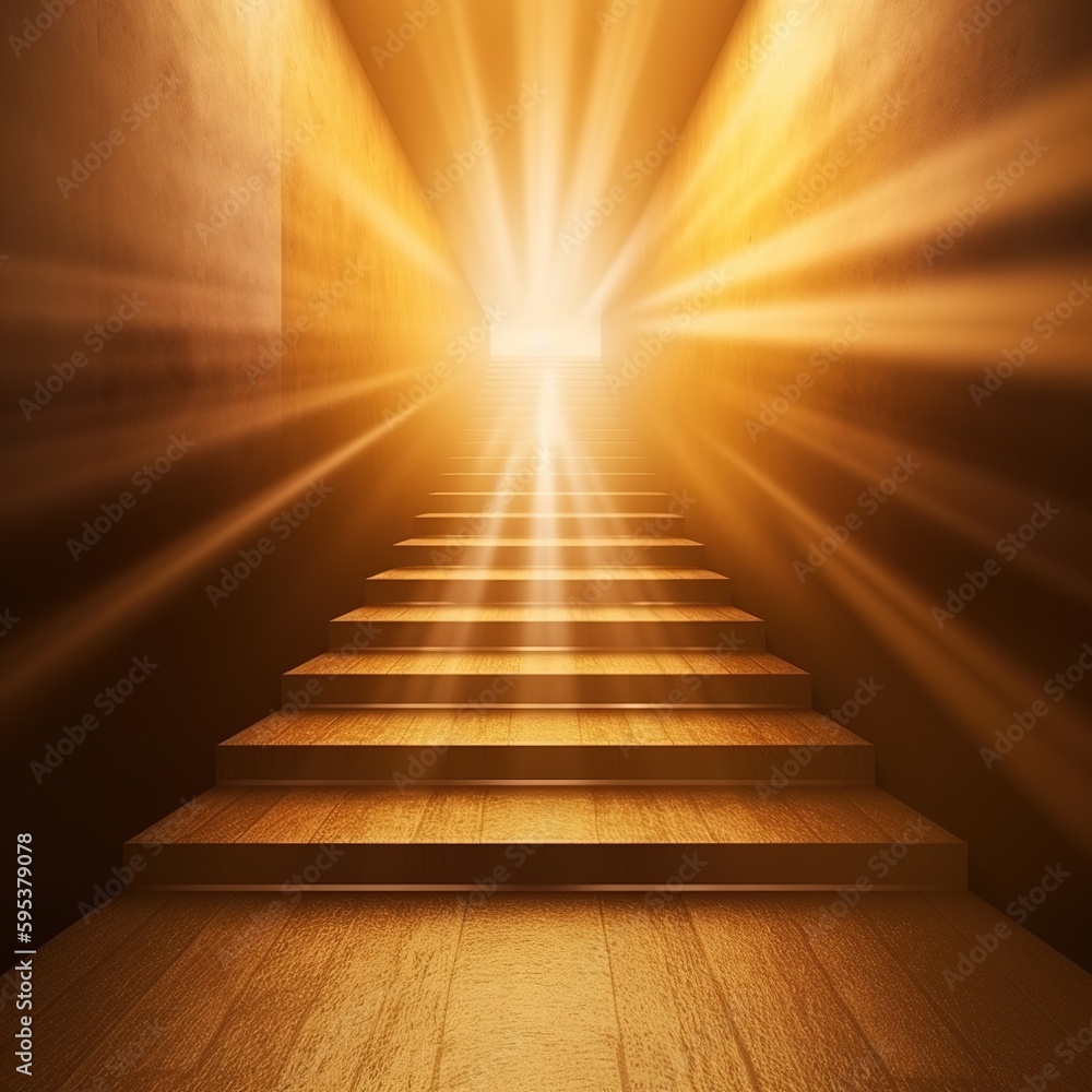 Poster abstract golden light rays scene with stairs. generative ai