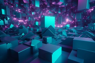 Fototapety  Futuristic 3D shapes in turquoise and purple create an abstract backdrop with space for text. Generative AI