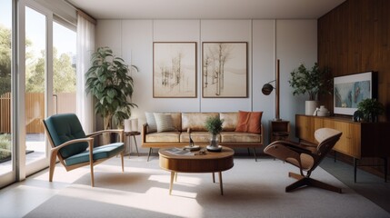Mid-century modern interior design room with beautiful lightning generative ai