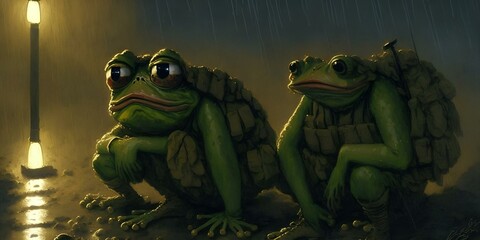 An exhausted pepe the frog at the frontlines in the army, two frogs in the night