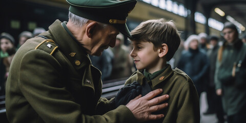 Soldat kommt heim; Wiedersehen eines Soldaten mit einem seiner Liebsten KI - obrazy, fototapety, plakaty