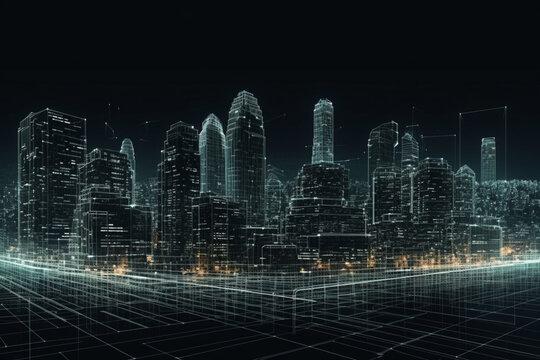 concept of smart or digital city, wireframe cityscape in futuristic style Generative AI