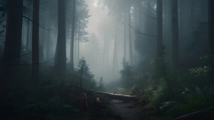 A peaceful view of a dense forest of tall trees, with mist and fog creating an ethereal atmosphere.