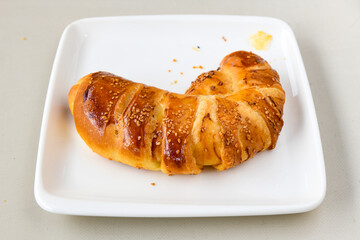 Turkish style meat stuffed filo dough borek served kol boregi. Cheese and minced pie are sliced on a marble background. Turkish name: Kol Boregi, ispanakli, kiymali, Su Boregi