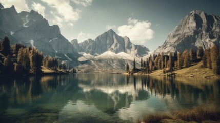 the alps with beautiful lake in front of it, watercolor masterpiece,Generative AI.