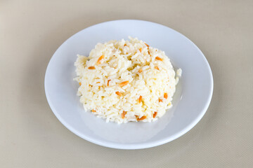 Traditional delicious Turkish food; Turkish style rice pilaf (Turkish name; Arpa sehriyeli. tavuk, kuru fasulyeli, pirinc pilavi)