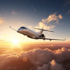 Commercial airplane jetliner flying above dramatic clouds in beautiful sunset light. generative ai - obrazy, fototapety, plakaty