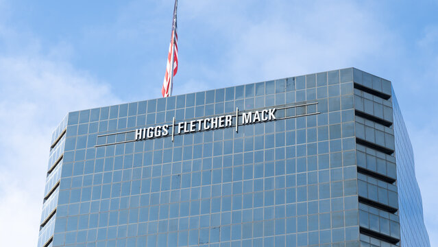 Higgs Fletcher and Mack office building in San Diego, California, USA - July 9, 2022. Founded in 1939, Higgs Fletcher & Mack is San Diego's oldest full-service law firm.