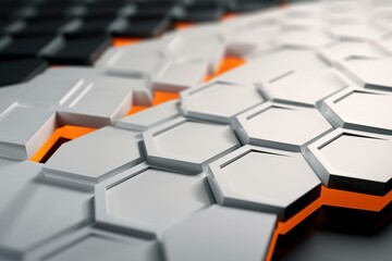 Minimal tech background with hexagon and orange edge. White surface with 3D shape. 3D render. Generative AI