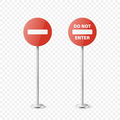 Stop. Vector White and Red Round Glossy Prohibition Stop Sign Icon Set - Warning, Danger Sign Frame Icon Closeup Isolated on White Background. Dangerous Plate Design Template of Road Sign, Front View