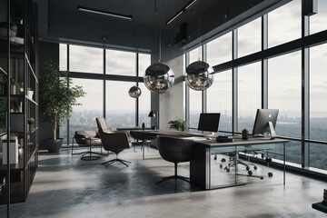 Naklejka na ściany i meble A modern and stylish grey office with a panoramic view and comfortable seating. Generative AI