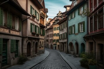 Fototapeta na wymiar Historic Swiss city, cobblestone road and colorful buildings. Generative AI