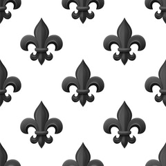Vector Seamless Pattern with Vintage 3d Realistic Black Fleur De Lis Closeup on White Background. Heraldic Lily, Front View. Vector Illustration